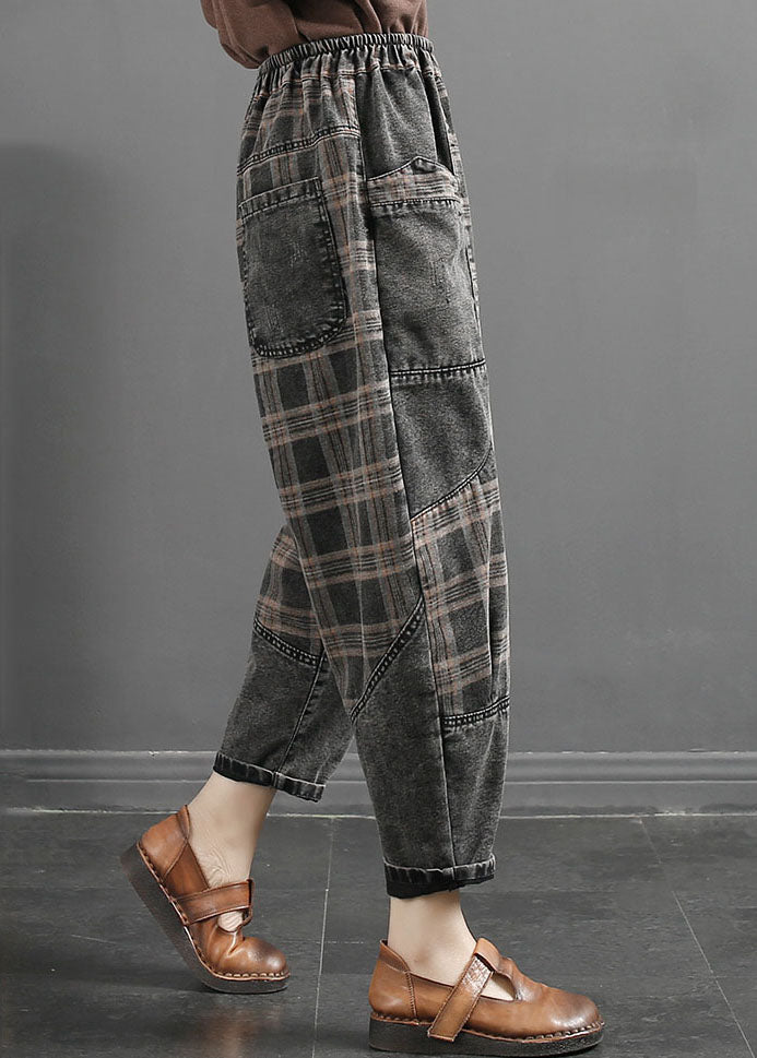 Casual Grey Striped Plaid Patchwork Elastic Waist Crop Pants Fall