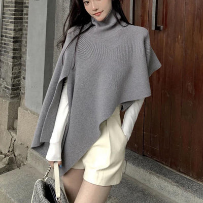 Sweater tops Casual Grey Turtleneck asymmetrical design Cloak Sleeves Knit Top - bagstylebliss