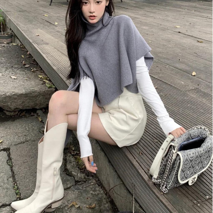 Sweater tops Casual Grey Turtleneck asymmetrical design Cloak Sleeves Knit Top - bagstylebliss