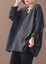 Casual Grey V Neck Fall Knit Top - bagstylebliss