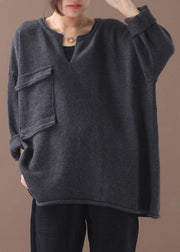 Casual Grey V Neck Fall Knit Top - bagstylebliss