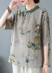 Casual Greyish Green Peter Pan Collar Button Shirts Half Sleeve