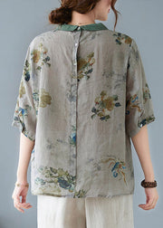 Casual Greyish Green Peter Pan Collar Button Shirts Half Sleeve