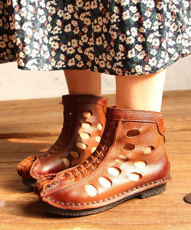 Casual Hollow Out Boots Brown Cowhide Leather - bagstylebliss