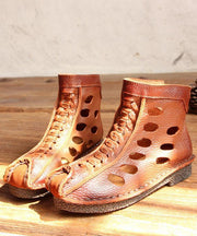 Casual Hollow Out Boots Brown Cowhide Leather - bagstylebliss