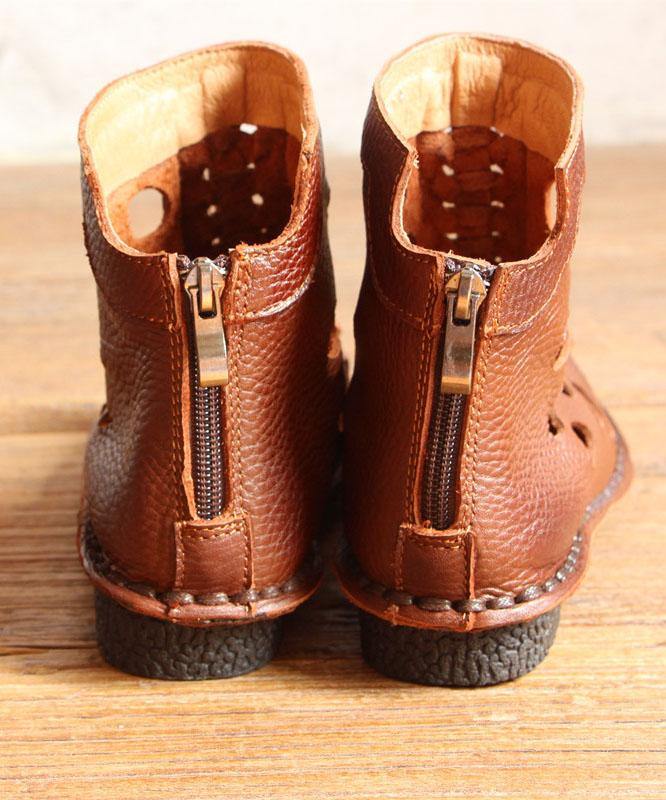 Casual Hollow Out Boots Brown Cowhide Leather - bagstylebliss