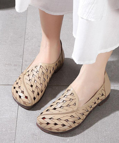 Casual Hollow Out Flat Feet Shoes Khaki Cowhide Leather Embossed Flats Shoes - bagstylebliss