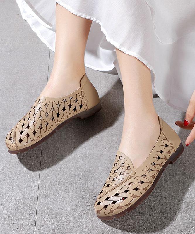 Casual Hollow Out Flat Feet Shoes Khaki Cowhide Leather Embossed Flats Shoes - bagstylebliss