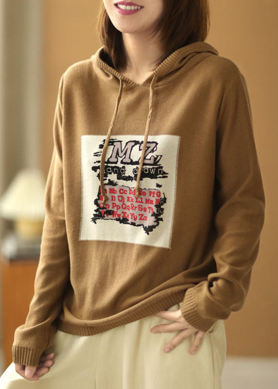 Casual Khaki Hooded Drawstring Print Fall Knit Sweater