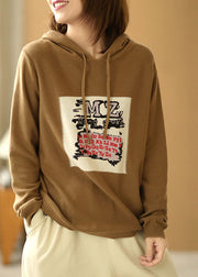 Casual Khaki Hooded Drawstring Print Fall Knit Sweater