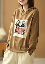 Casual Khaki Hooded Drawstring Print Fall Knit Sweater