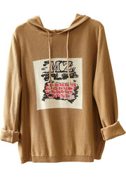 Casual Khaki Hooded Drawstring Print Fall Knit Sweater