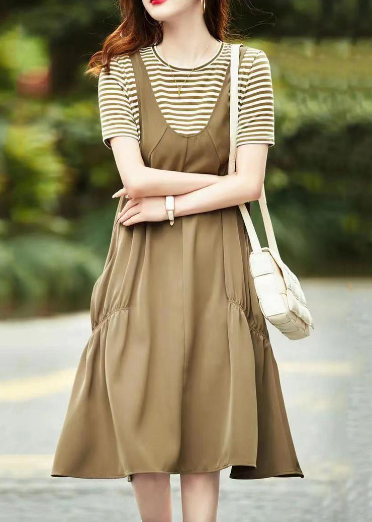 Casual Khaki O Neck Pockets Patchwork Cotton Dresses Summer