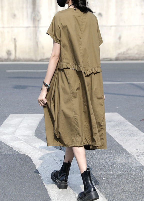 Casual Khaki O Neck Ruffled Patchwork Cotton Dress Summer