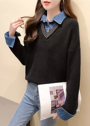 Casual Khaki Peter Pan Collar Denim Patchwork False Two Pieces Knit Shirt Fall