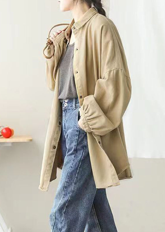 Casual Khaki Peter Pan Collar Pockets Button Mid Coat Lantern Sleeve