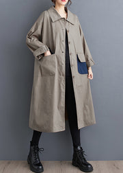 Casual Khaki Peter Pan Collar Pockets Cotton Trench Fall