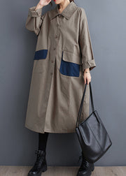 Casual Khaki Peter Pan Collar Pockets Cotton Trench Fall