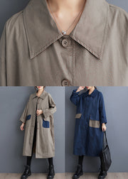 Casual Khaki Peter Pan Collar Pockets Cotton Trench Fall