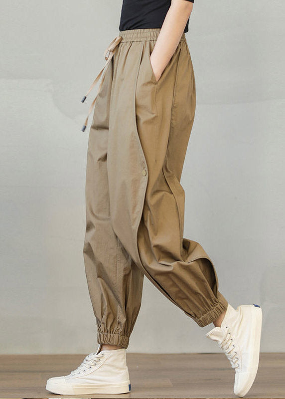 Casual Khaki Pockets elastic waist drawstring harem Pants Spring