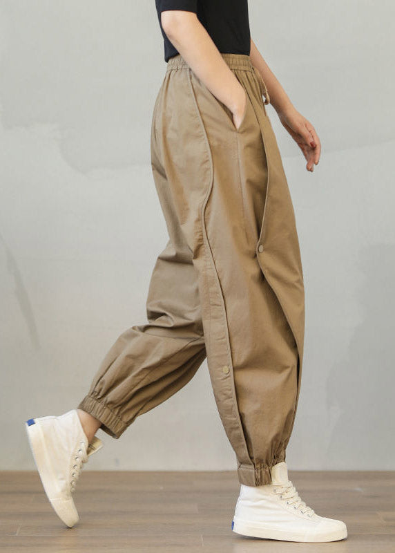 Casual Khaki Pockets elastic waist drawstring harem Pants Spring