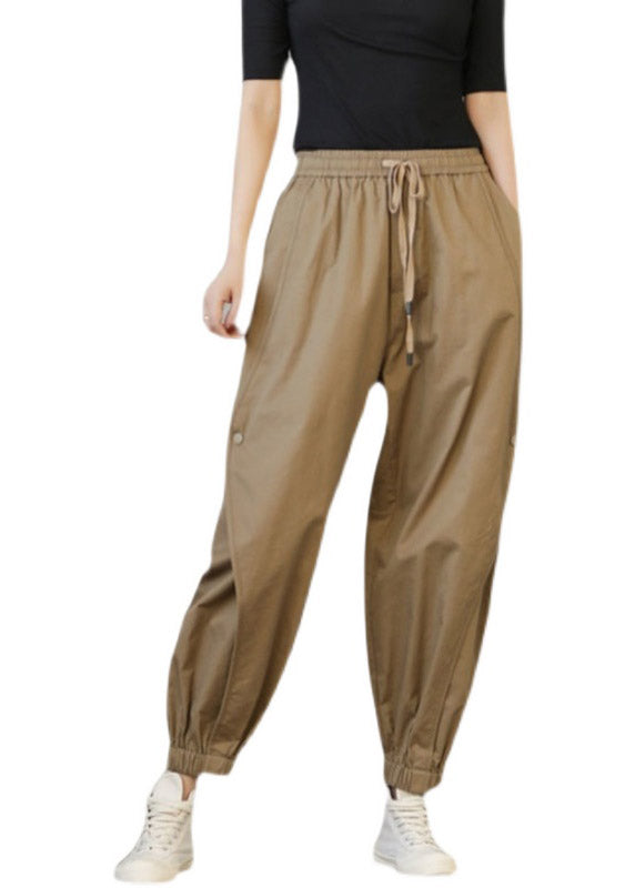 Casual Khaki Pockets elastic waist drawstring harem Pants Spring