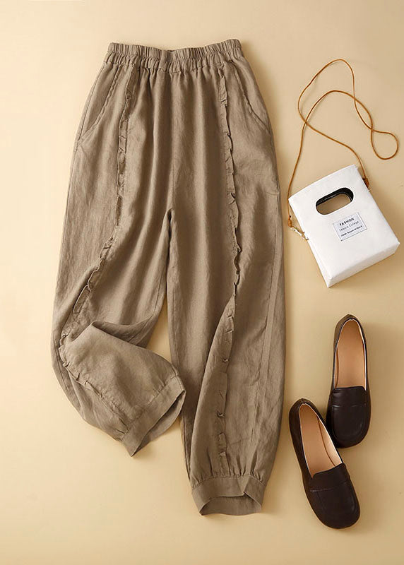 Lässige Khaki Rüschen Taschen Leinen Crop Pants Hose Sommer