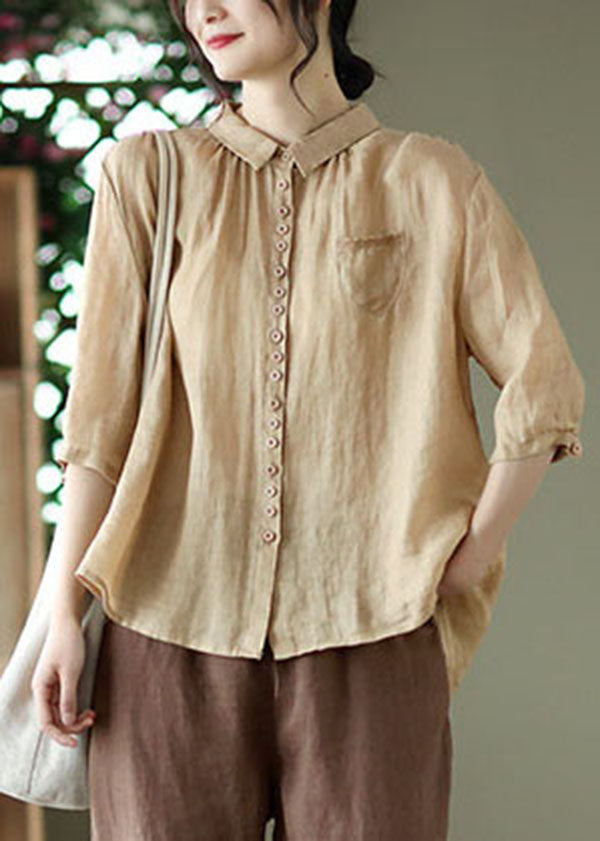 Casual Khaki Solid Button Pockets Linen Shirt Tops Half Sleeve