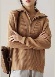 Casual Khaki Zip Up Knit Sweater Tops Winter