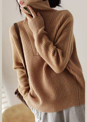 Casual Khaki Zip Up Knit Sweater Tops Winter