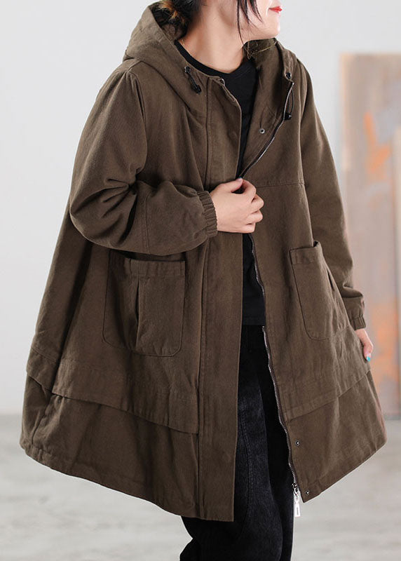 Casual Khaki drawstring Pockets Cotton Filled Parka Winter