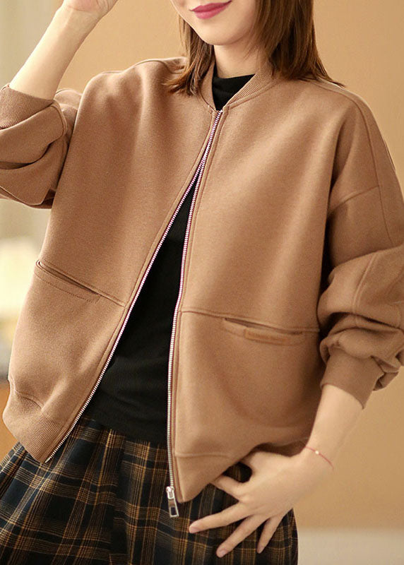 Casual Khaki zippered Pockets Fall Coats Long Sleeve