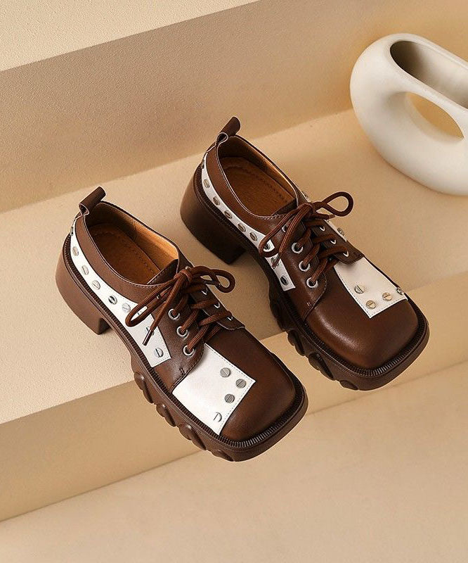 Casual Lace Up Chunky High Heels Brown Cowhide Leather Loafers For Women