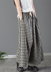 Casual Large Plaid Elastic Waist Linen Wide Leg Pants Summer