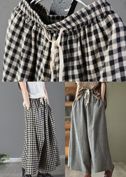 Casual Large Plaid Elastic Waist Linen Wide Leg Pants Summer