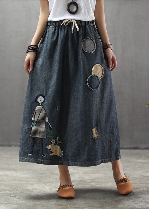 Casual Light Blue Elastic Waist Patchwork Cartoon Embroidered Tulle Denim Skirts Spring