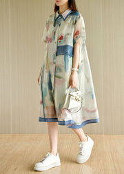 Casual Light Green Asymmetrical Design Print Silk Loose Dresses Short Sleeve