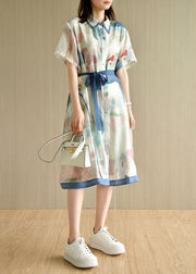 Casual Light Green Asymmetrical Design Print Silk Loose Dresses Short Sleeve