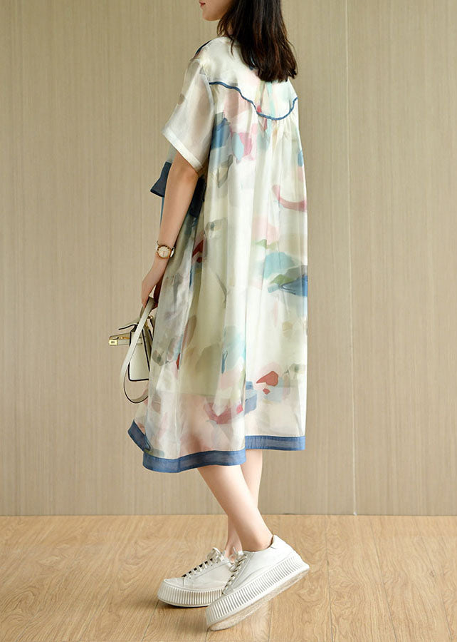 Casual Light Green Asymmetrical Design Print Silk Loose Dresses Short Sleeve