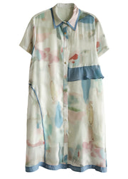 Casual Light Green Asymmetrical Design Print Silk Loose Dresses Short Sleeve