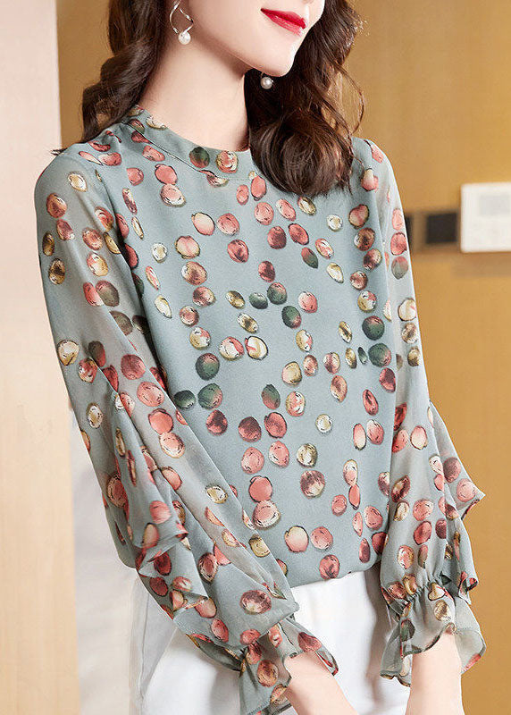 Casual Light Green O-Neck Asymmetrical print Chiffon Shirt Top Spring