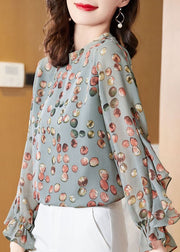 Casual Light Green O-Neck Asymmetrical print Chiffon Shirt Top Spring