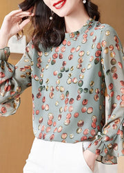 Casual Light Green O-Neck Asymmetrical print Chiffon Shirt Top Spring