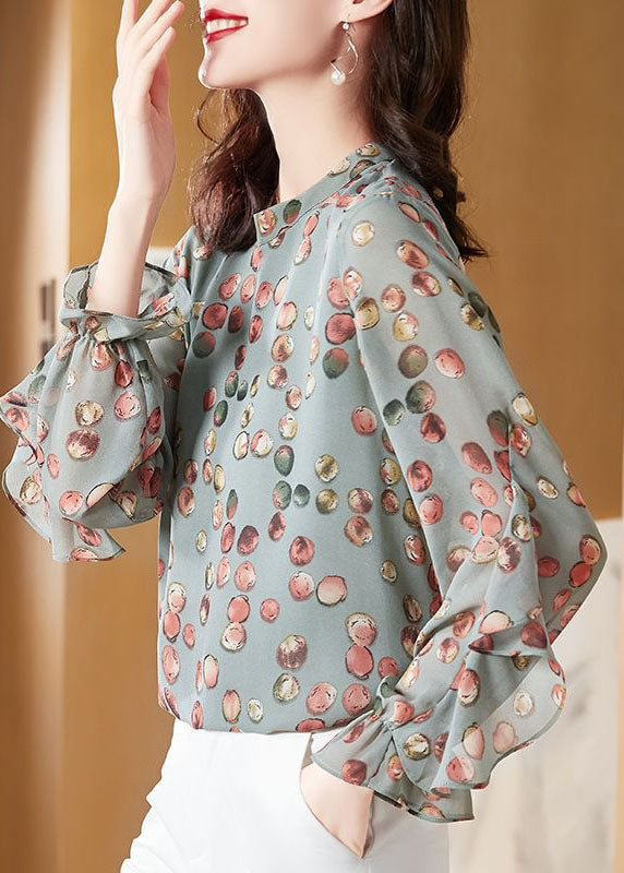 Casual Light Green O-Neck Asymmetrical print Chiffon Shirt Top Spring