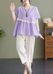 Casual Light Purple O-Neck Ruffled Patchwork Cotton Tops And Harem Pants Two Pieces Set Summer