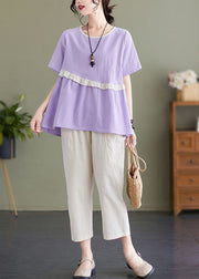 Casual Light Purple O-Neck Ruffled Patchwork Cotton Tops And Harem Pants Two Pieces Set Summer