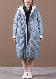 Casual Loose fitting down jacket overcoat light blue hooded zippered duck down coat - bagstylebliss