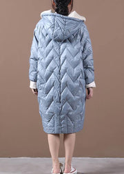 Casual Loose fitting down jacket overcoat light blue hooded zippered duck down coat - bagstylebliss