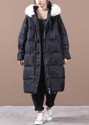 Casual Loose fitting snow jackets pockets overcoat black hooded fur collar warm winter coat - bagstylebliss