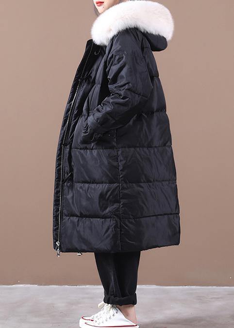 Casual Loose fitting snow jackets pockets overcoat black hooded fur collar warm winter coat - bagstylebliss